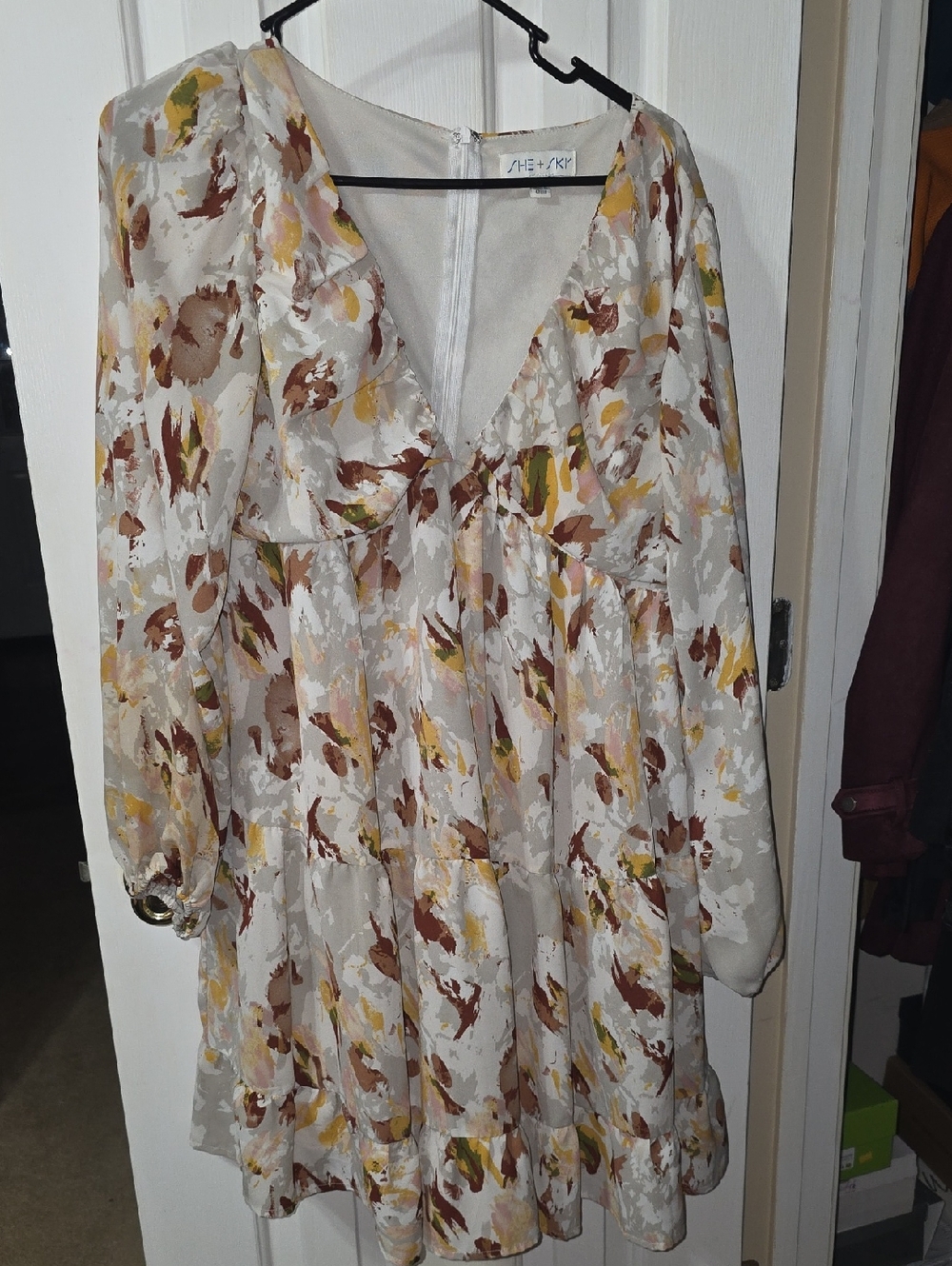 She + Sky Cream Floral Long Sleeve Tiered Mini Dress